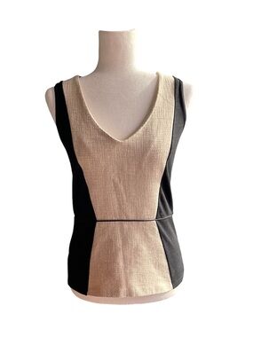 Ann Taylor Sleeveless V-Neck Colorblock Tank Top - Black & Beige Linen Like XS
